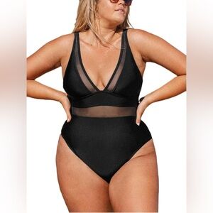 CUPSHE Black Plunging V-Neck Mesh Detailing One Piece Swimsuit - Size 1X
